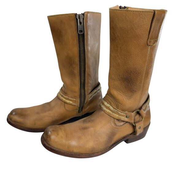 Bed Stu Harness Biker Western Moto Boots Tan Leather Distressed Women Size 10 - Picture 1 of 12